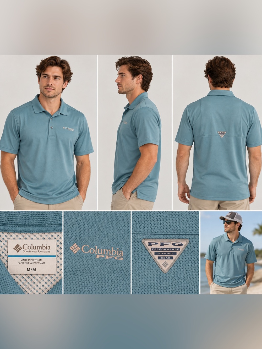 Columbia PFG Men’s M Blue Performance Fishing Polo Shirt Short Sleeve